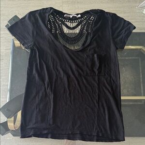 NWOT PAM &GELA Chic Black Short Sleeve Top with open lace back tee